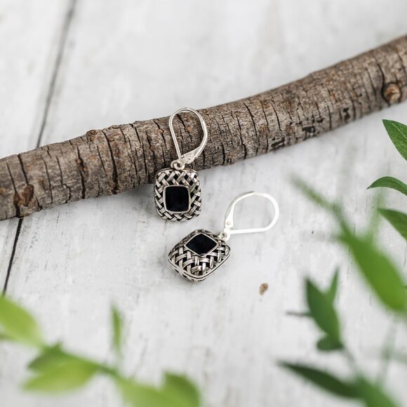 Recycled Antique Black Depression Glass Vintage Quilted Square Earrings - Picture 2 of 6